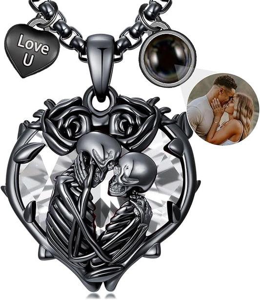 Flpruy 925 Sterling Silver Black Gothic Jewelry Gifts Skeleton Couple Pendant Crystal Birthstone Heart Necklace Punk Romantic Jewelry for Lover Men Women
