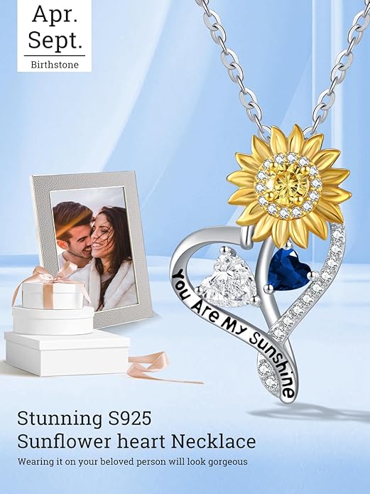 Zeuslia Double Birthstone Necklace Gifts for Wife - 925 Sterling Silver Sunflower/Rose/Crown Cross/Compass/Heart Pendant I Love You Necklace, Anniversary Birthday Gifts for Wife Girlfriend Mom Her