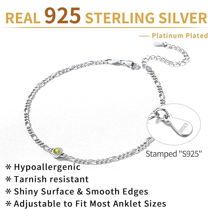 ChicSilver Sterling Silver Anklets Bracelets for Women, Figaro Chain Heart/Round Birthstone Anklet for Women Waterproof, Dainty Herringbone Ankle Bracelet Summer Beach jewelry