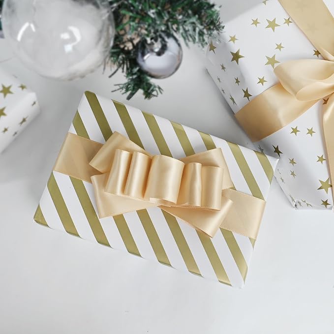 LEEQE Double Face Gold Satin Ribbon 1-1/2 inch X50Yards Polyester Gold Ribbon for Gift Wrapping Very Suitable for Weddings Party Hair Bow Invitation Decorations and More
