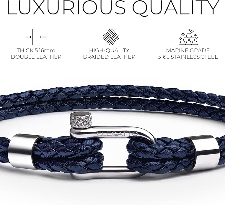 Elegatto Helix Premium Vintage Leather Bracelet for Men | Double Black Leather Strands with Sterling Silver Polished Mini Shackle Closure | Men’s Designer Jewelry
