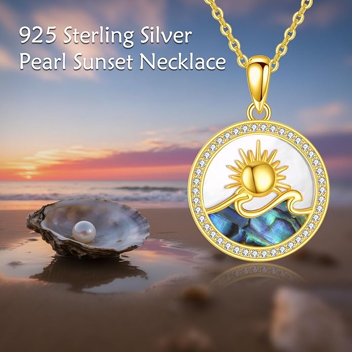Mother Of Pearl Sunset Necklace 18K Gold Plated Over 925 Sterling Silver Sunset Abalone Shell Pendant Jewelry for Women