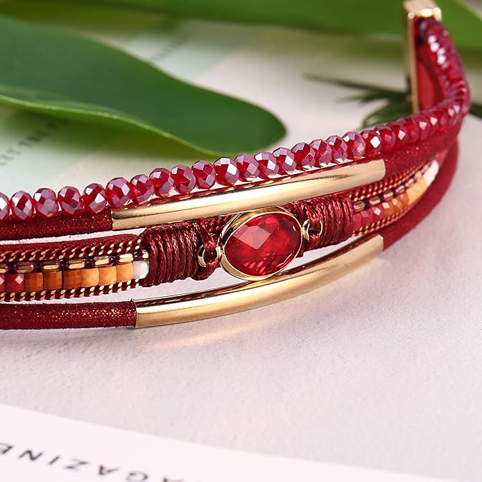 FANCY SHINY Leather Wrap Bracelets Crystal Beads Bracelet Boho Cuff Stone Charm Bracelets with Clasp Costume Jewelry for Women