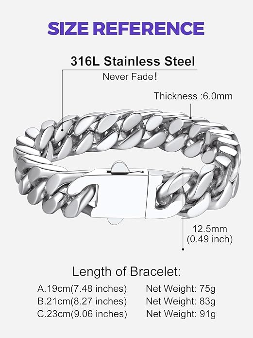 Richsteel 5/7/9/12mm Wide Miami Cuban Link Chain Bracelet for Men Women,Stainless Steel/Gold/Black Plated,7.4/8.2/9 Inch Length,Hip Hop Urban Street-wear Jewelry(Gift Wrapped)