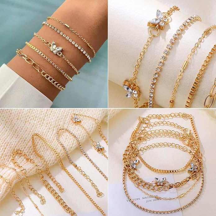 IFNODO 28pcs Gold Chain Bracelets Set for Women 14K Gold Plated Multiple Layered Bangle Adjustable Link Bracelet Anklet Fashion Accessories Jewelry Gift