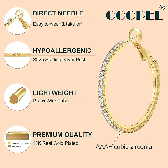 925 Sterling Silver Earrings Large Rhinestone Hoop Earrings Big Cubic Zirconia Hoop Earrings Thin Rhinestones Round Hoop Earrings for Women 20/30/40/50/60/70mm Sparkly Hoops With Crystals for Womens