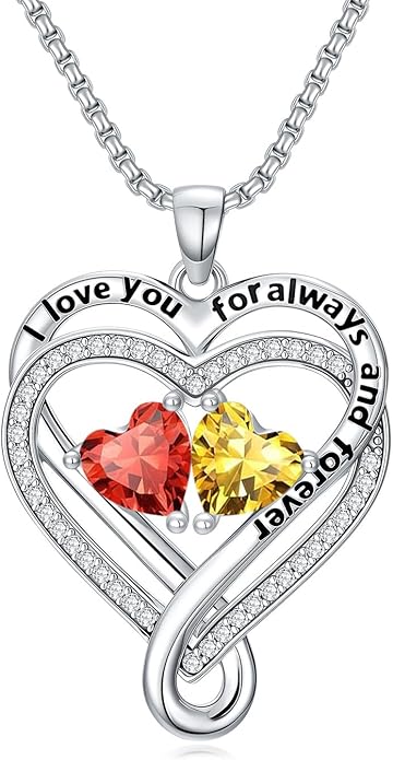 I Love You for Awlays and Forever Double Heart Necklace with Birthstone, 2 Birth Stone Jewelry Anniversary Valentines Mothers Day Christmas Birthday Gifts for Women Her Wife Girlfriend Mom Mother
