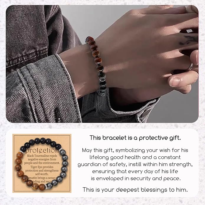Energy Mens Beaded Bracelets,Triple Protection Bracelet for Men,Made of Three Kinds of 8mm Beads (Black Obsidian Hematite Tiger Eye Beaded), Personalized Gifts for Men