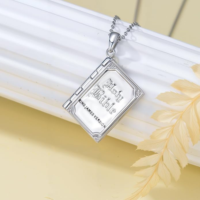 925 Sterling Silver Mini Bible Book Pendant Necklace, Openable Vintage Necklace, Christian Prayer Scripture Jewelry for Men and Women