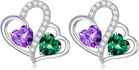 Iefil Valentines Day Gifts for Her - Birthstone Earrings Gift for Women, 925 Sterling Silver Double Heart Birthstone Earrings | Anniversary Birthday Gifts for Women, Personalized Jewelry for Wife Mom