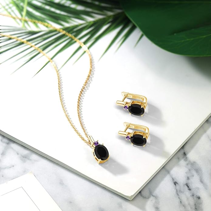 Gem Stone King 4.95 Ct Black Onyx Purple Amethyst 18K Yellow Gold Plated Silver Pendant and Earrings Jewelry Set