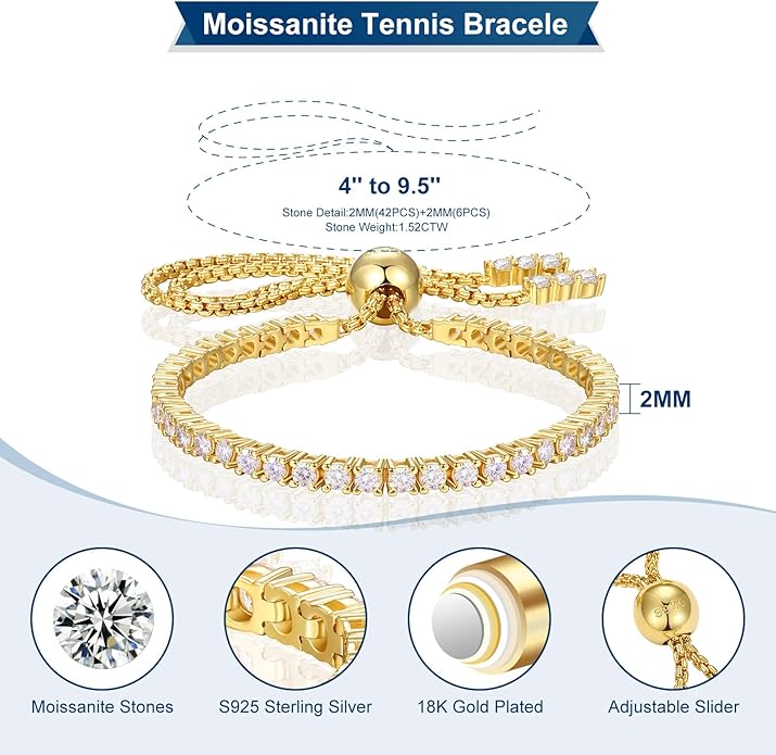 Moissanite Tennis Bracelet 1.52ct-7.76ct Adjustable Bracelet for Women 18K White Gold Plated S925 Sterling Silver Tennis Bracelet D Color VVS1 Round Cut 2/3/4mm Moissanite Bracelet Gifts for Wife/Mom