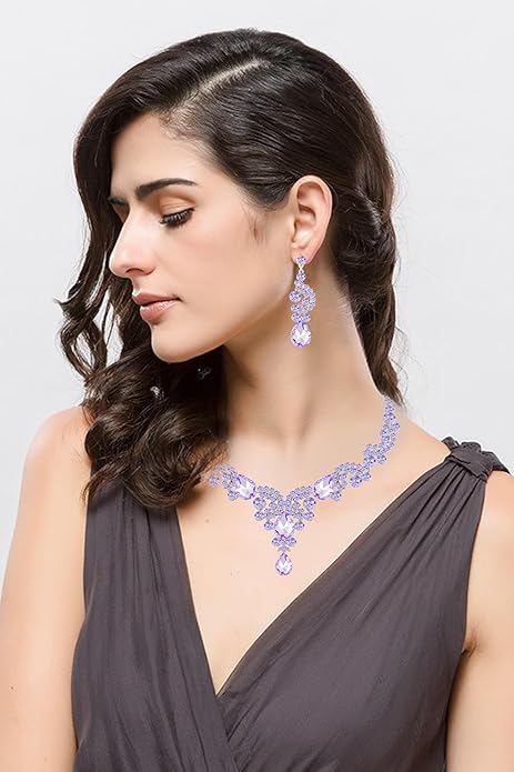 Paxuan Crystal Bridal Wedding Jewelry Sets for Women Rhinestone Teardrop Crystal Statement Choker Necklace Drop Earrings Link Bracelets Rings Teardrop Jewelry Set for Brides Bridesmaids