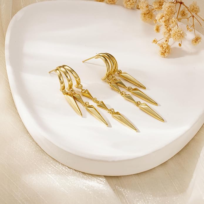 Dangle Earrings for Women,14k Gold Plated Triple Huggie Stud Earrings Dainty Drop Earrings for Women Trendy Gold Statement CZ Long Chain Earrings Non Tarnish Jewelry