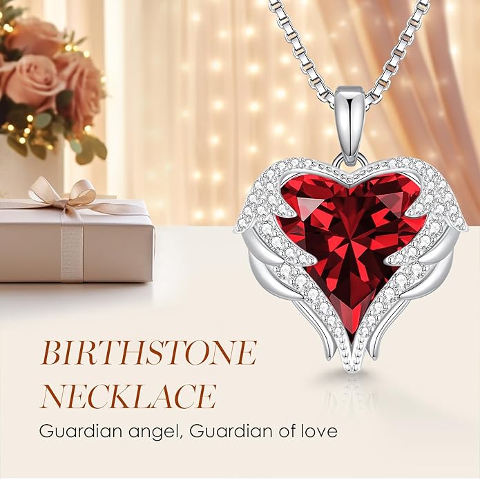 CDE Angel Wings Necklace for Women with Birthstone, Love Heart Silver Tone/Gold Tone Pendant, Ideal Anniversary or Birthday Jewelry Gifts for Wife Girlfriend Her