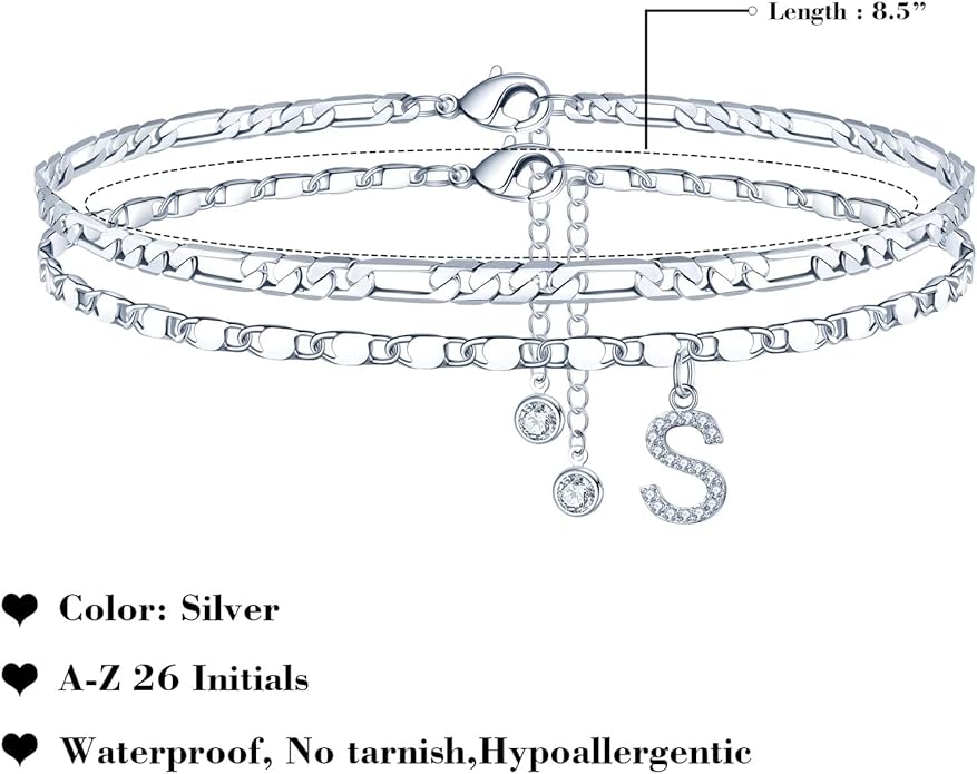 Ursteel Ankle Bracelets for Women, 14K-Gold-Plated Dainty Layered Chain CZ Initial Anklets Set Summer Jewelry Gifts for Women