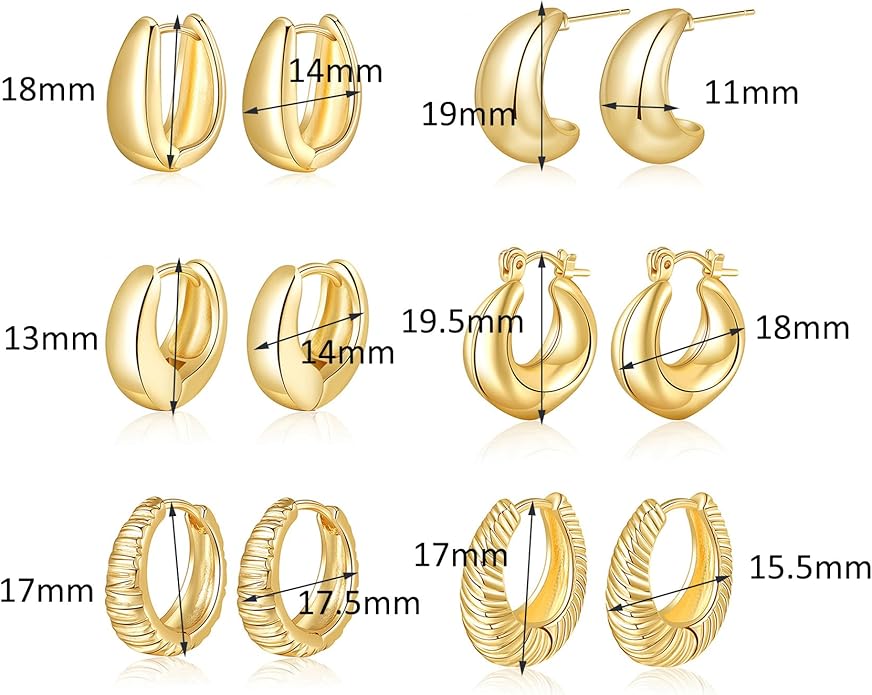 6 Pairs Gold Hoop Earrings for Women, 14K Gold Plated Lightweight Chunky Hoop Earrings Set Hypoallergenic, Thick Open Huggie Hoops Earrings Jewelry for Gifts.