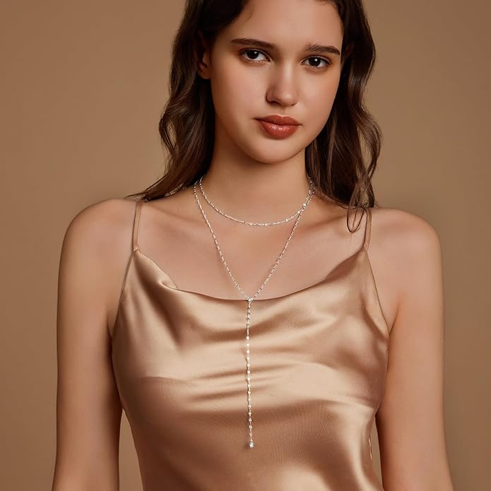 Zeffy Lariat Gold Necklace for Women, Dainty Long Necklace 14k Gold/Silver Plated Layered CZ Beaded Bar Chain Y-Shaped Body Chain Stack Drop Wedding Necklace Trendy Simple Gold Jewelry Gifts
