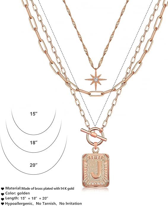 MJartoria Layered Initial Necklaces for Women Trendy, 14K Gold Plated Brass Simple Star Choker Square Letter Pendant Necklace, Paperclip Chain Necklaces Jewelry Gifts