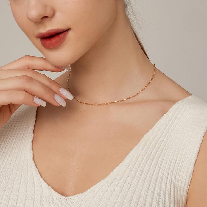 Gold Chain Necklace for Women Dainty 18K Gold Plated Thin Satellite Beaded Turquoise Necklace Simple Gold Boho Jewelry