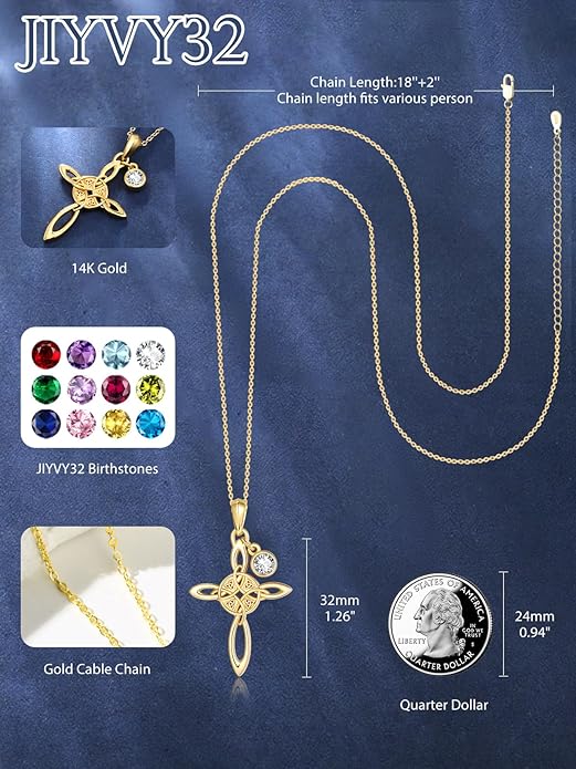 Witches Knot Necklace for Women, 14K Gold Celtic Knot Cross Jewelry with Triquetra Trinity with Birthstone Pendant, Birthday Witchy Spiritual Gifts for Her Wife Mom Grandma, 18+2 Inch Chain