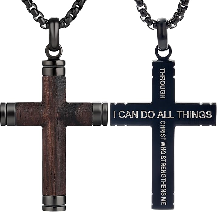 GTMJ Cross Necklace for Men -Stainless Steel & Wood Adjustable Box Chain 24-26in, Spiritual Jewelry Gift for Him, Everyday Wear