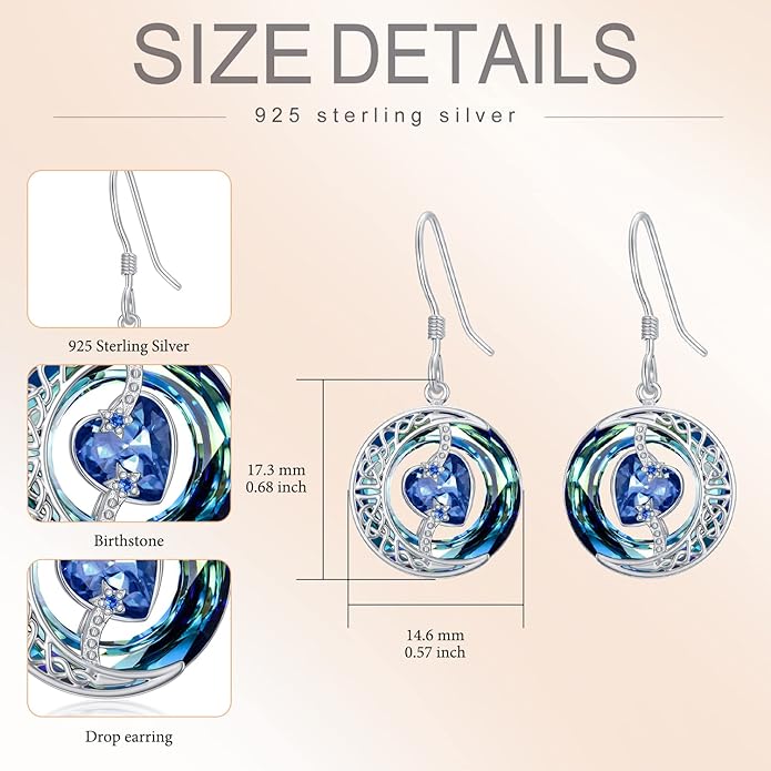 TOUPOP Birthstone Earrings for Women 925 Sterling Silver Moon and Star Dangle Earrings with Blue Crystal BirthdayJewelry Christmas Gifts for Women