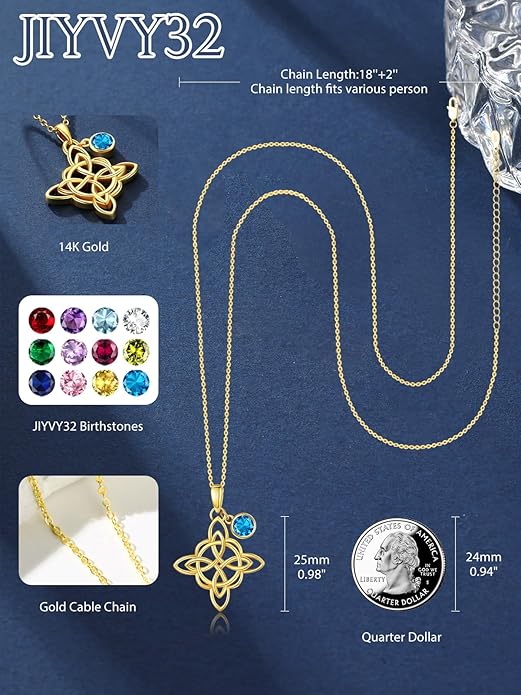 Witches Knot Necklace for Women, 14K Gold Celtic Knot Cross Jewelry with Triquetra Trinity with Birthstone Pendant, Birthday Witchy Spiritual Gifts for Her Wife Mom Grandma, 18+2 Inch Chain