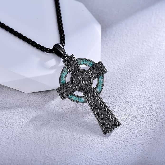 Midir&Etain Celtic Cross Necklace 925 Sterling Silver Cross Pendant Necklace Celtic Viking Irish Jewelry Religious Protective Gift for Men Women