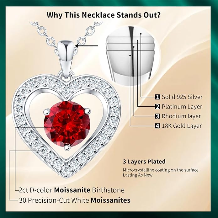 31-Stone Birthstone Heart Necklace for Women | 2ct Moissanite & 30 Sparkling Accents | Valentine's Day, Birthday,Mother's Day, Christmas Gift for Wife, Mother, Girlfriend