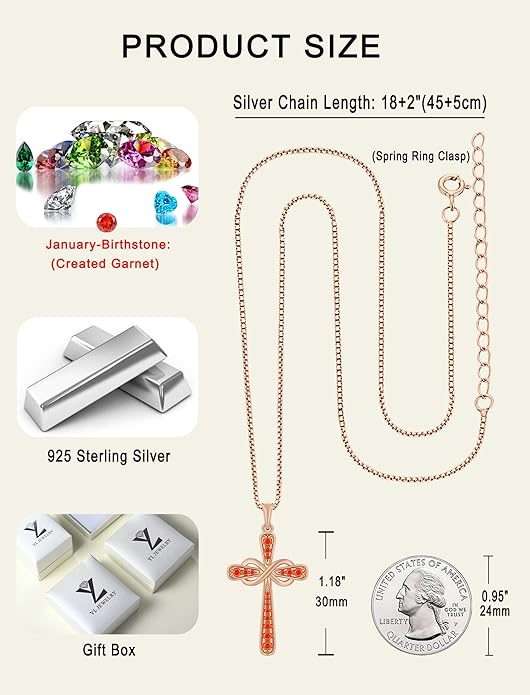 YL 925 Sterling Silver Cross Necklace for Women Halo Infinity Pendant Birthstone Jewelry for Mom