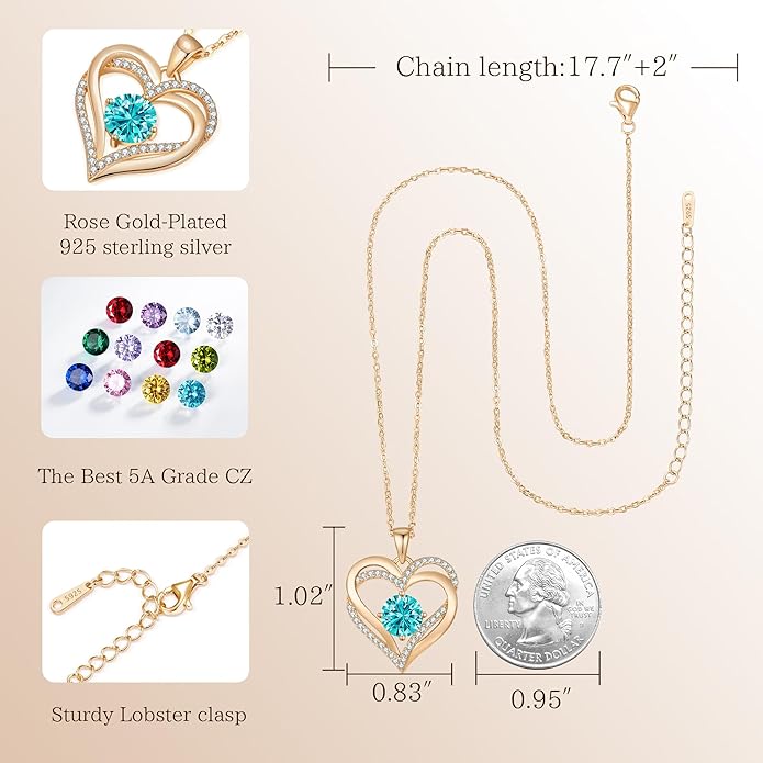 LOUISA SECRET Love Heart Birthstone Necklaces for Women, Birthday Gift for Girlfriend, Anniversary Jewelry Gift for Wife Her, 925 Sterling Silver Women Pendant Necklace, Mother's Day Christams Gift