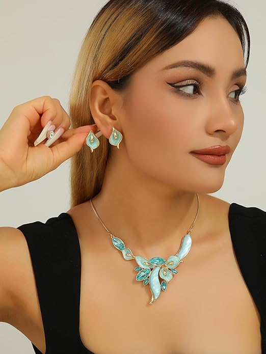 Chunky Statement Jewelry Set Vintage Retro Leaf Flower Floral Geometric Bohemian Boho Bib Necklace Earring Set Fashion Costume Jewelry for Women Girls Wedding Party Prom Unique Gift