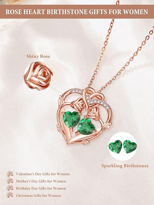 Rose Gold Necklaces for Women Double Birthstone Rose Flower Heart Pendant Necklace Jewelry Anniversary Christmas Valentine's Mother's Day Birthday Gift for Wife Mom Her Girlfriend Sister