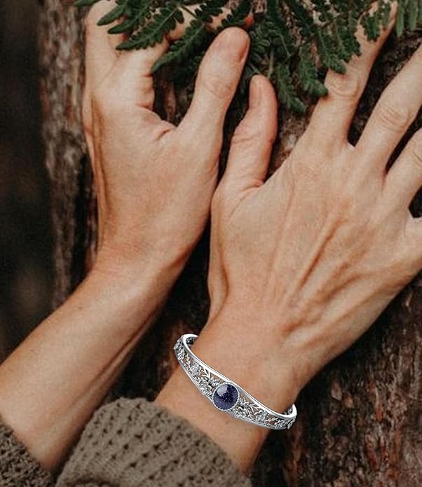 Christmas Jewelry Gift for Women-Genuine Turquoise Cuff Bracelet, Sterling Silver Western Vintage Floral Bangle Native American Jewelry, For 6.5-7.5 Inch Wrists