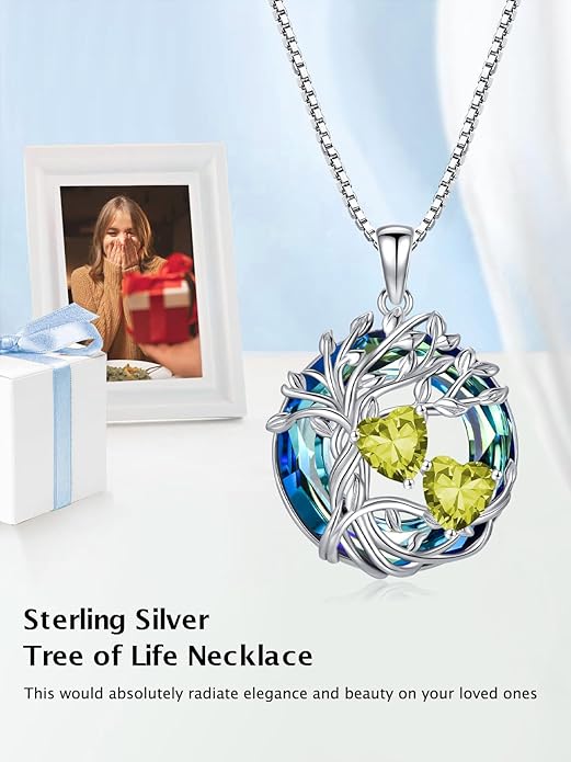 TOUPOP s925 Sterling Silver Family Celtic Tree of Life Pendant Necklaces with 2 Heart Birthstone with Blue Austrian Crystal Jewelry Birthday Anniversary Christmas Gifts for Her Wife Girlfriend Mom (18K Real White Gold Filled)
