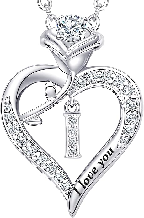 DWWGE Rose Heart Pendant Necklace Gifts for Wife, Engraved 'I love you' Gift for Wife Girlfriend, Anniversary Birthday Eternity Jewelry Present for Women, Moissanite Necklace Gift for Her