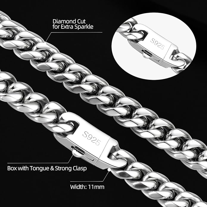 11mm Miami Cuban Link Chain Neckalces for Men Women, 316l Stainless Steel and 925 Sterling Silver Filled, Silver Cuban Mens Necklaces Jewelry Gifts Available In 20/22/24/26/28/30 Inches