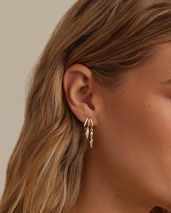 Dangle Earrings for Women,14k Gold Plated Triple Huggie Stud Earrings Dainty Drop Earrings for Women Trendy Gold Statement CZ Long Chain Earrings Non Tarnish Jewelry