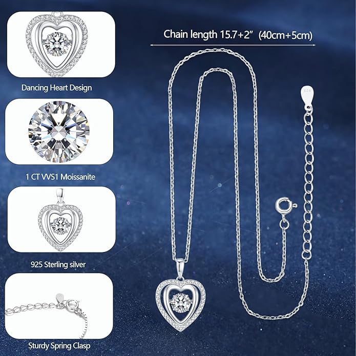 LAVUMO Moissanite Heart Necklace for Women, Dancing Moissanite Pendant 925 Sterling Silver Diamond Necklace Valentines Birthday Anniversary Christmas Jewelry Gifts for Her Girlfriend Wife Mom