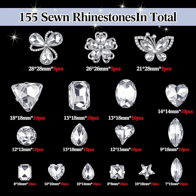 Suncalla 156 Pcs Sew on Crystal Rhinestone with Chain Trim Brooch Pin Mixed Shapes Set for Jewelry Clothe DIY Crafts Tabletop Scattered Crystals Vase Fillers Wedding Decor (Classic Rhinestone)