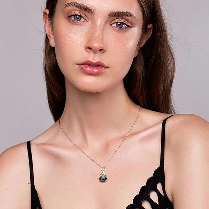 Tahitian Black Pearl Necklaces for Women, Sterling Silver Single Pearl Pendant Necklace Birthday Anniversary Jewelry Gifts for Wife Mom