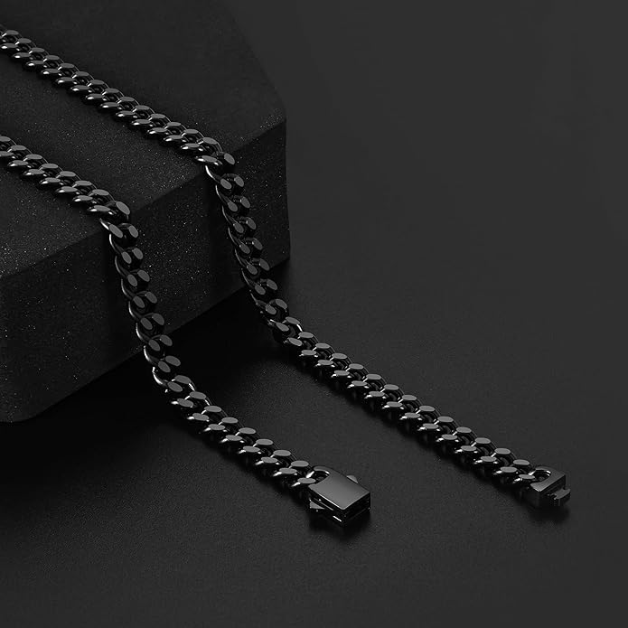 Fiusem Valentines Day Gifts for Him Silver Tone/Black/14K Gold Plated Chain Necklace for Men, 5mm/6mm/7.5mm/8mm/9mm Stainless Steel Cuban Link Chain Necklace, Men's Chains 18-28 Inch Jewelry Gifts