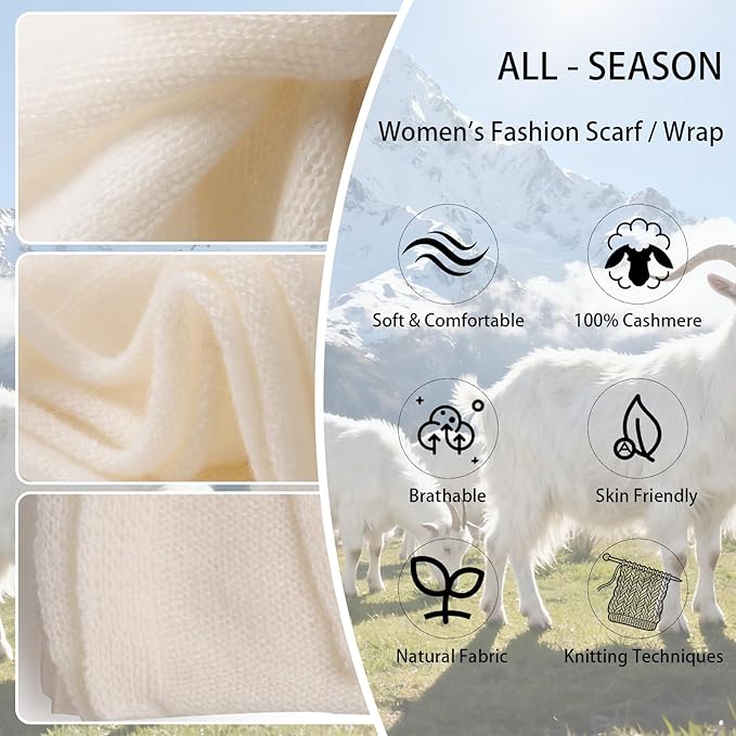 WASALUYA 100% Cashmere Scarf for Women - Knitted Lightweight Travel Wrap, Soft Large Shawl, 71x24 Inches, Luxury Gift