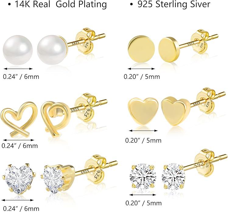 Stud Earrings for Women Hypoallergenic Sterling Silver Post Hoop and Studs Earrings Set for Multiple Piercing Small Ball Cubic Zirconia Earring Studs for Women Trendy Jewelry Gifts（6 Pairs）