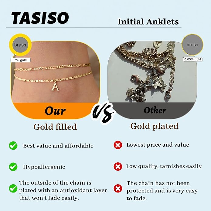 Tasiso Initial Ankle Bracelets for Women，Layered Waterproof Anklet for Women 14K Gold Filled Anklets Layering Thin Figaro Letter Anklet Summer Jewelry Gifts for Women