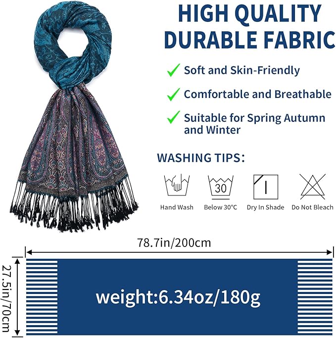 QIUTIMIY Paisley Pashmina Shawl Wrap Women Reversible Vintage Jacquard Pashmina Rave Scarf with Fringe for Evening, Wedding
