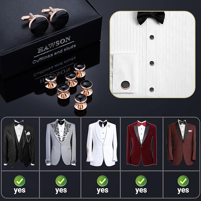 HAWSON Men’s Cufflinks and Tuxedo Studs Set with Gift Box; Men’s Jewelry or Accessories Suitable for Black Suit White Shirts Vest and Red Bow tie on Wedding or Anniversary and Birthday