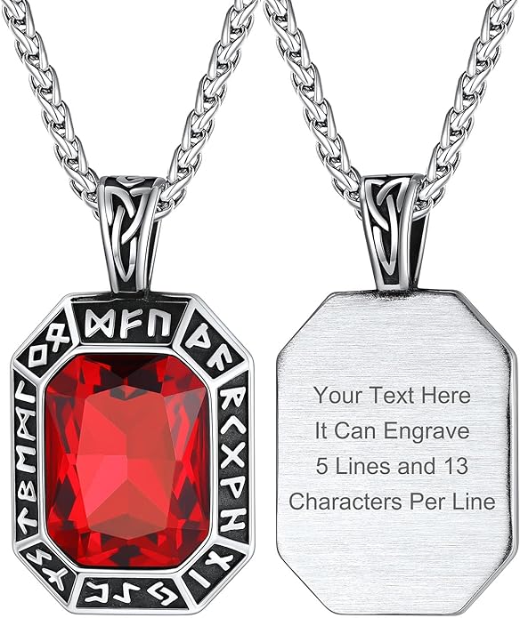 ChainsHouse Viking Rune Pendant Necklace for Men Women, Punk Biker Black Metal/316L Stainless Steel Onyx Norse Vintage Amulet Necklaces with Black/Red/Green/Blue Gemstone, Send Gift Box