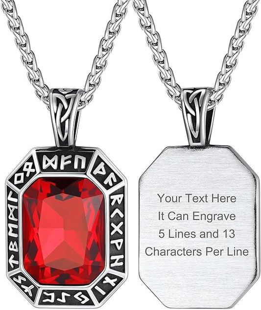 ChainsHouse Viking Rune Pendant Necklace for Men Women, Punk Biker Black Metal/316L Stainless Steel Onyx Norse Vintage Amulet Necklaces with Black/Red/Green/Blue Gemstone, Send Gift Box